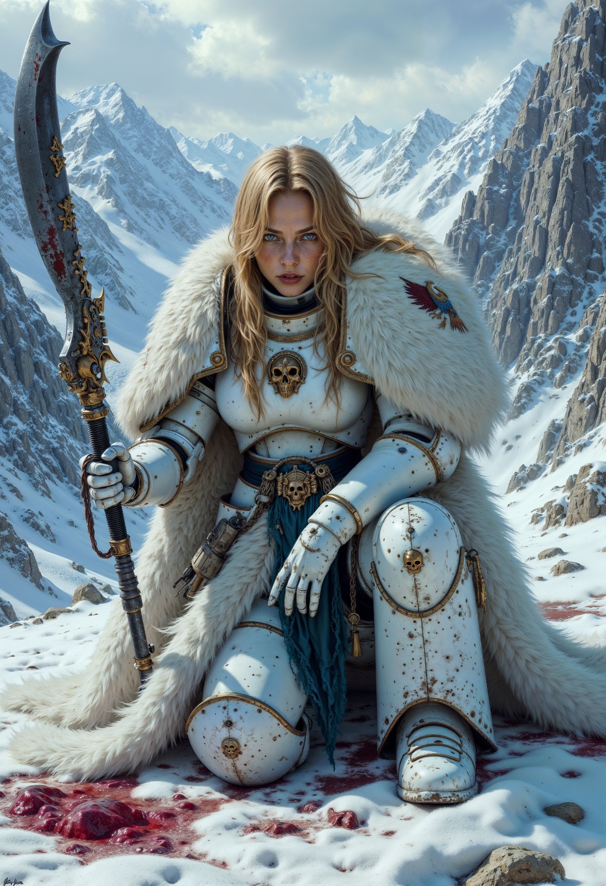 An atmospheric and powerful dark fantasy image,  classical style painting of a beautiful female WhiteS40K dressed in intri...