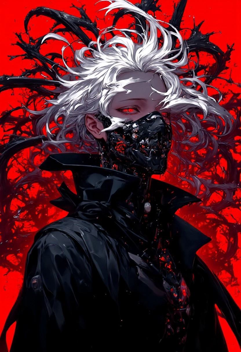 black trench coat with a high collar,  against a vivid,  This is a highly detailed on Tensor.Art