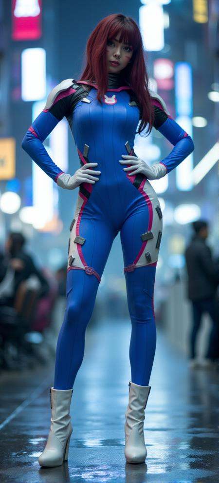 full body Dva. She wears a blue and white science fiction bodysuit and white higheels boots. She has large breast and hour...