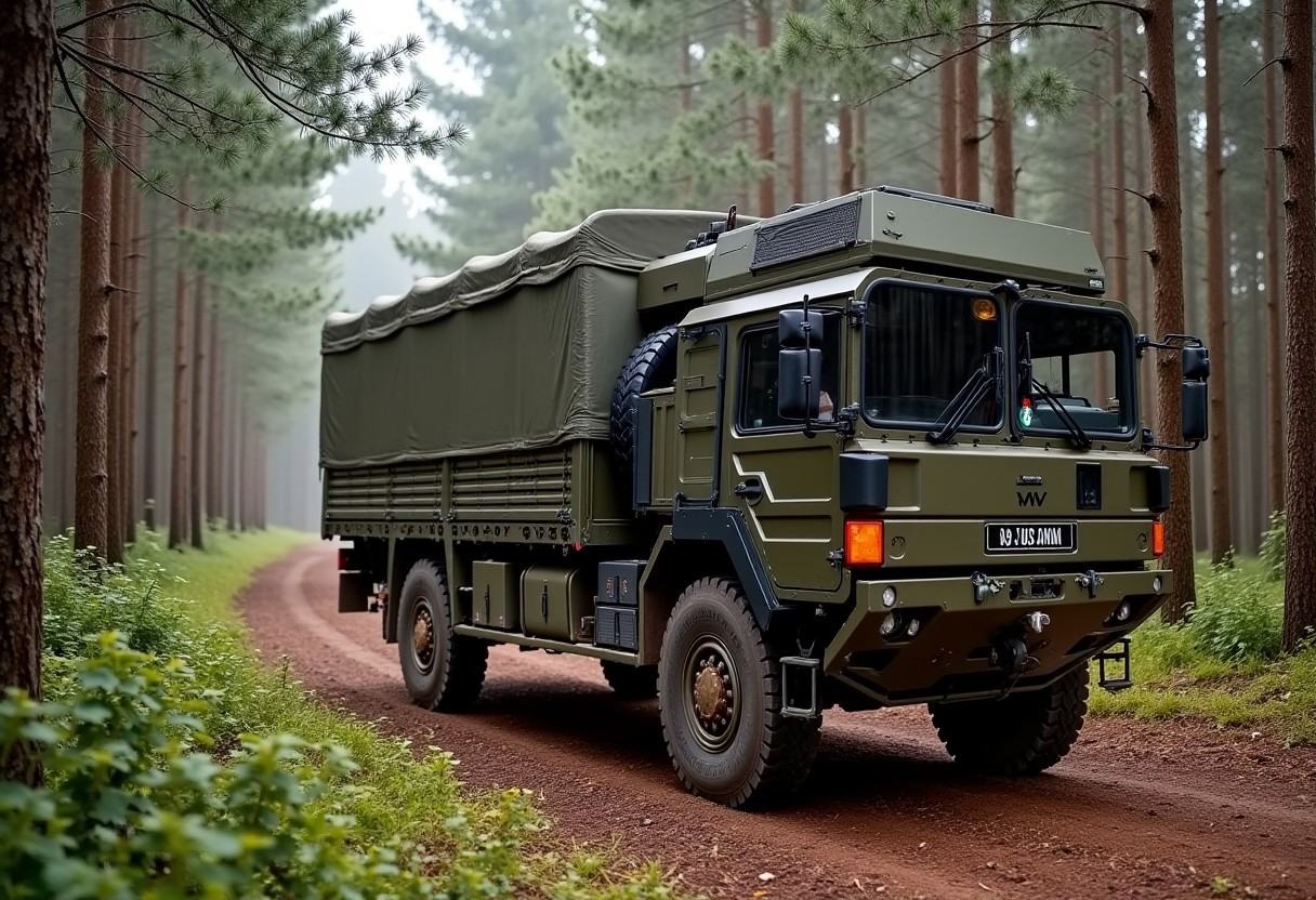 Army 'ManSV' 6t truck in a coniferous forest,  Man_SV_6t,  presumed matt olive_green on Tensor.Art