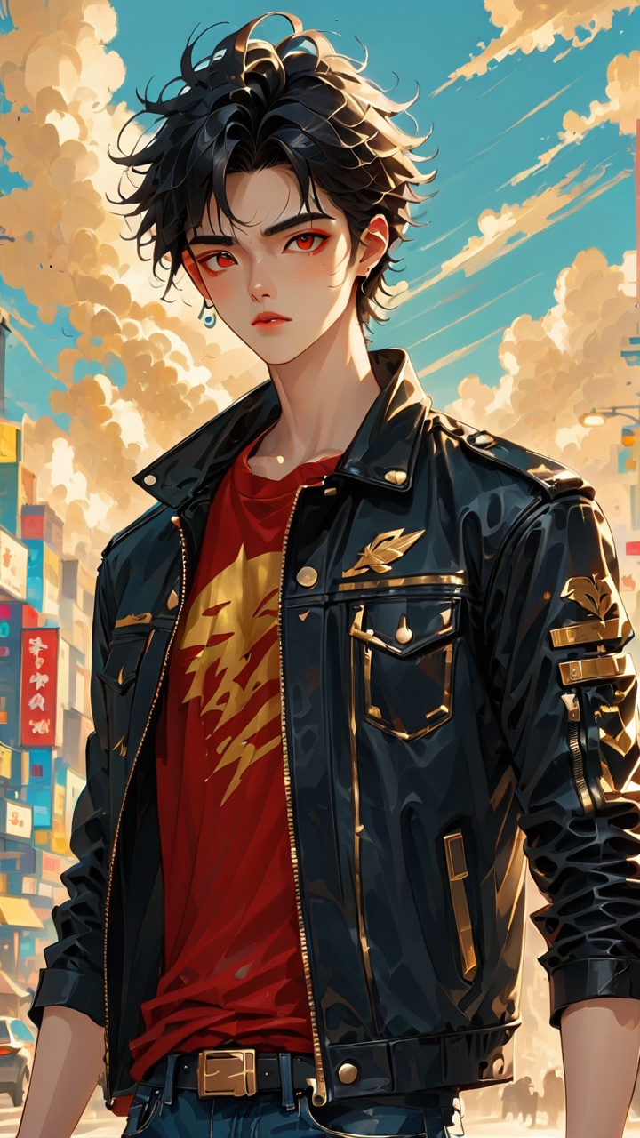This is a digital illustration presenting a young man with a bold, manga-inspired look. He has a tan, smooth complexion and sharp, intense eyes with a golden hue, framed by short, spiky black hair. His hair is styled with a trendy side part. He wears a black leather jacket over a red T-shirt and a pair of distressed blue jeans. His lips are thin and firmly set, with a touch of dark red. He has a strong, defined nose and a square jawline. The background is filled with a vast expanse of blue sky and white clouds, creating a vast, open atmosphere. The overall color palette is dominated by bold primary colors of black, red, and blue, with occasional accents of white and gold. The illustration is depicted in a highly detailed, dynamic, and textured style, with a focus on sharp, angular lines and a powerful, energetic quality. The composition is centered on the man, with the sky and clouds framing his figure, emphasizing his confident and assertive nature.