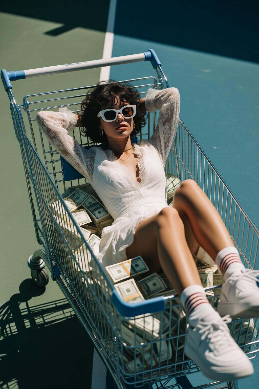 midjourneyhighangle13q High angle view.A young woman with curly short hair is lying in a shopping cart filled with money....