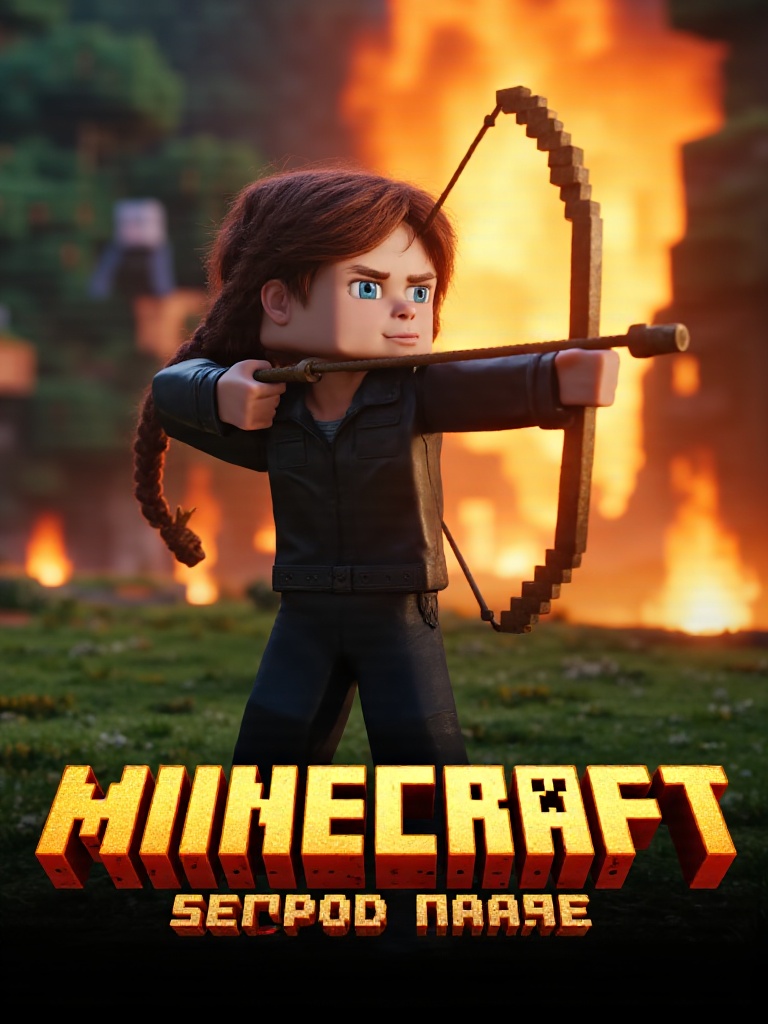Movie poster for "The Cubic Games",  showing blocky Katniss with realistic braided hair aiming pixelated bow,  standing in...
