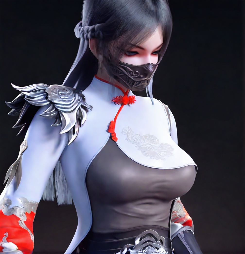 solo,highly detailed,(best quality),((masterpiece)),1girl,a7,simple background,upper body,<lora:a7nbXL:1>,black hair, long hair, mouth mask, chinese clothes, armor, china dress, standing, braid