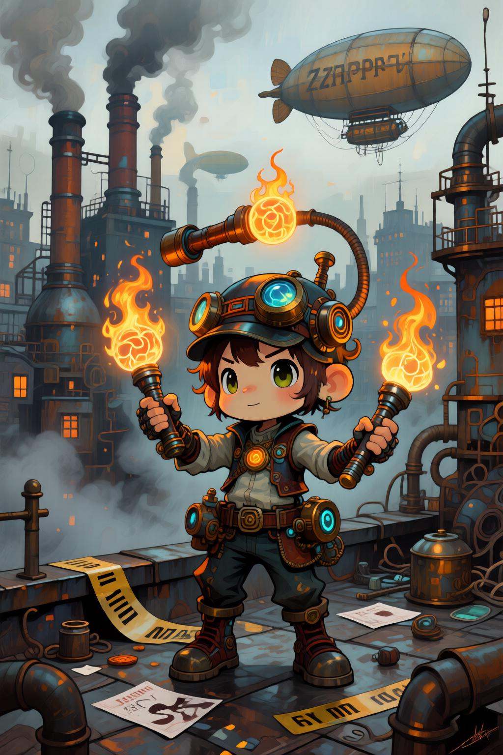 Daalis kaoruyamada2q painting. Depict a chibi elemental sprite PI juggling flaming mechanical gadgets while staking out a...