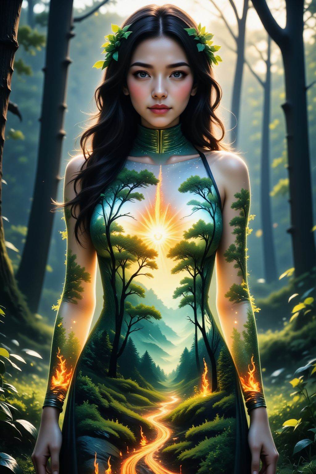 The image depicts a serene forest scene with a woman standing in the foreground and looking at viewer. She is wearing a tu...