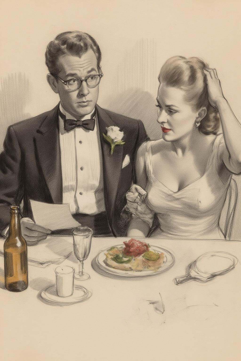 gilelvgren2 charcoal drawing.kard1. Closeup of a couple seated at a table covered with a white tablecloth. On the left is...