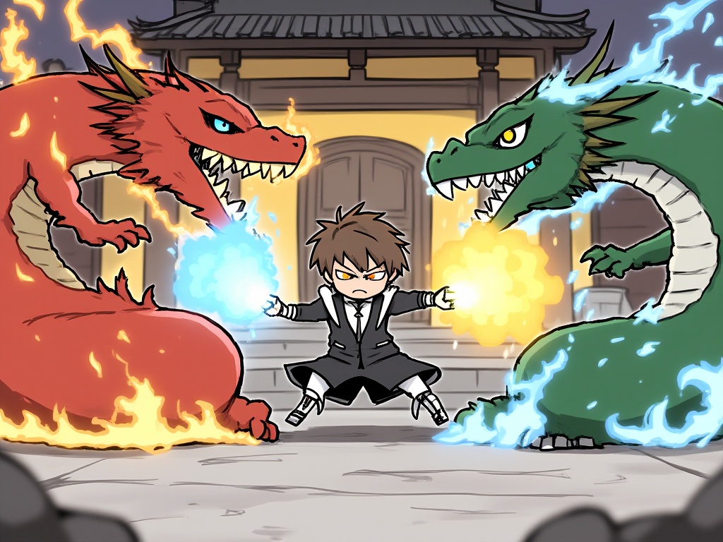 (masterpiece:1.2),(extremely detailed:1.2),(best quality:1.2),(high quality:1.2),(official art:1.2),jbh,Anime-style drawing,A digital illustration in a vibrant,dynamic style featuring a young character with short brown hair and a black and white outfit,wielding a blue and a yellow magical orb. The character is in mid-action,striking a powerful pose with an intense expression. The background showcases a traditional Japanese building with wooden architecture and a tiled roof,illuminated by soft,warm lighting. Two large,menacing dragons are attacking the character; one red with orange flames and the other green with blue flames. The dragons have sharp teeth and claws,and their bodies are coiled around the character. The image has a high level of detail and shading,with a focus on the character's dynamic movement and the dramatic interaction with the dragons. The camera angle is slightly low,emphasizing the character's power and the intensity of the scene.,<lora:简笔画-智灵-9:0.8>,