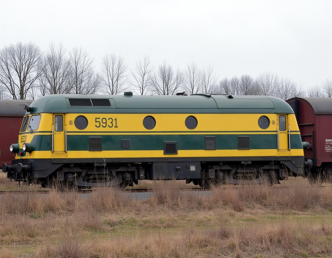 SNCB Series 59 diesel locomotive in yellow livery Capture an industrial landscape featuring a classic yellow and green die...