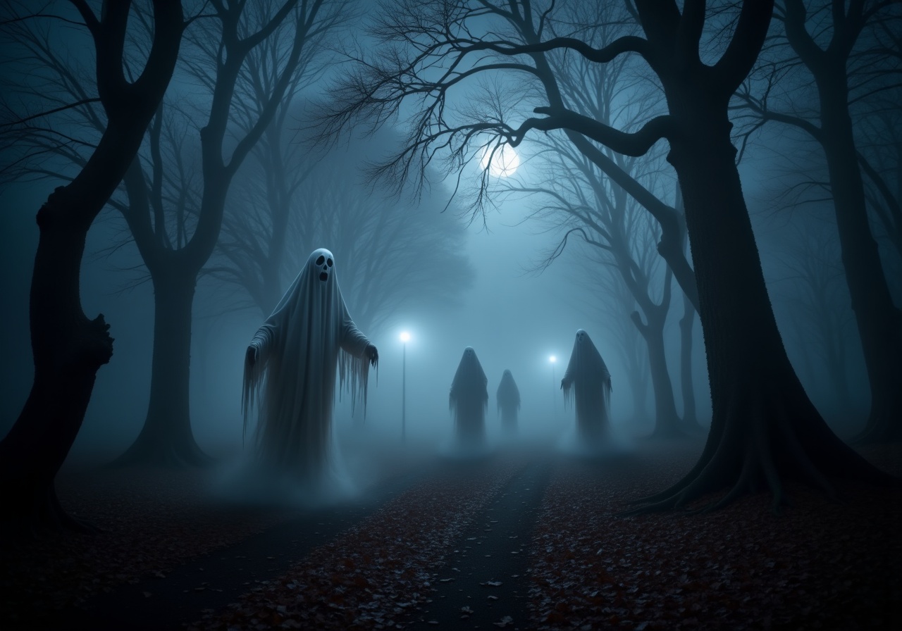 A foggy forest at midnight: Trees loom tall,  their twisted branches reaching out like claws. Wisps of ghostly figures wea...