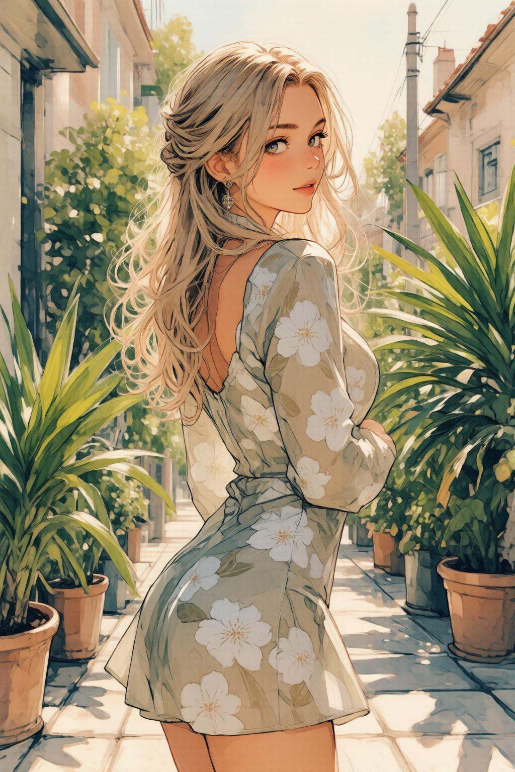 nijiwatercolor1q anime illustration.A young woman with long,  wavy blonde hair,  wearing a yellow dress adorned with white...