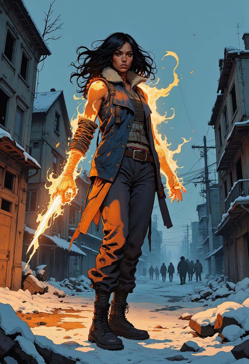 A digital drawing featuring a detailed rendering of a ) mage girl made entirely of flames,  with and a rugged,  middle-age...