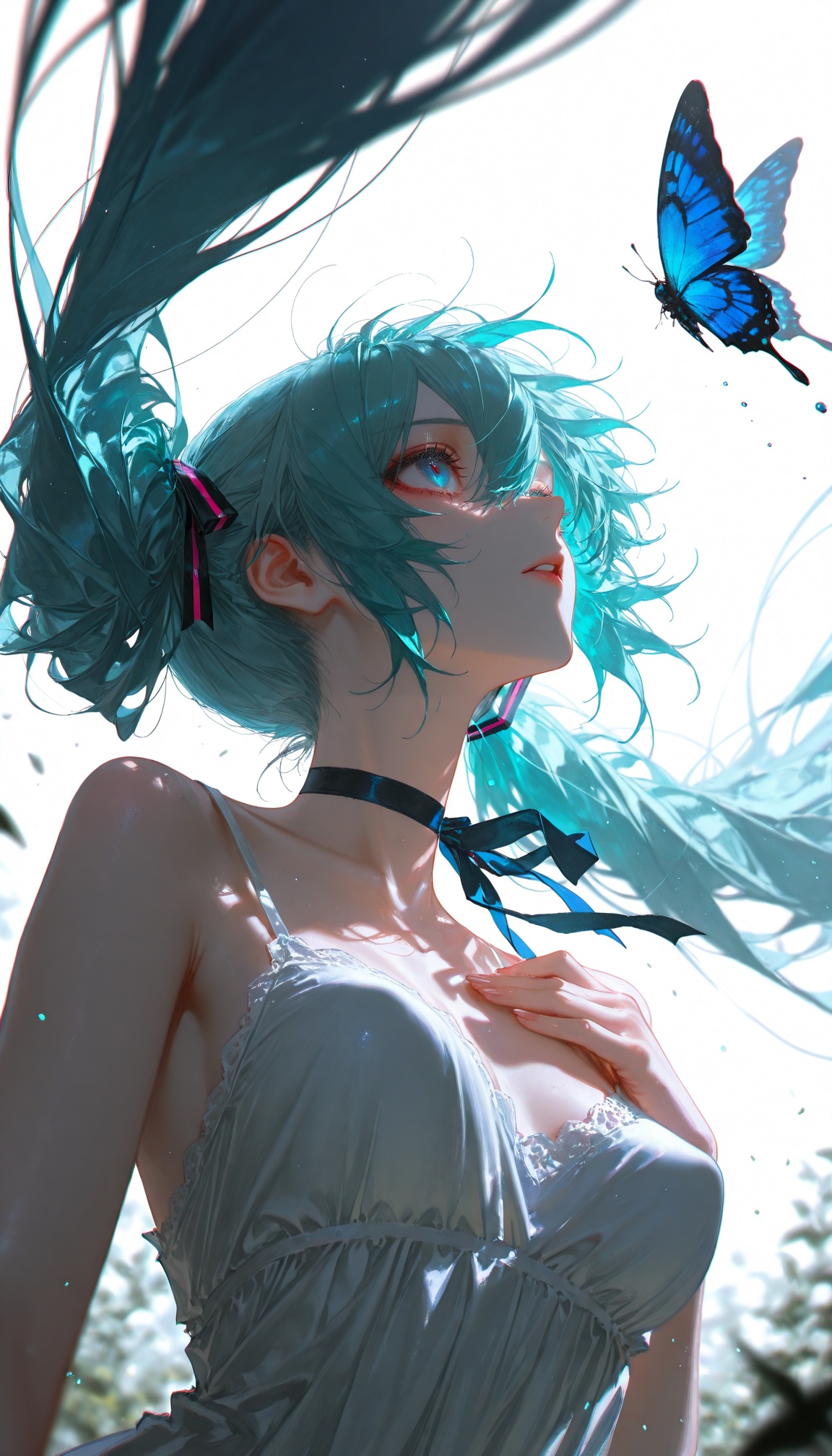 dynamic pose,dutch angle,scenery,close-up,light particles,lens flare,(artist:quasarcake:0.8),extreme aesthetic,(wlop:0.6),wanke,rella,wanke,good quality,year 2024,year 2023,very aesthetic,Visual impact,Electromotive force,perspective composition,A shot with tension,ultra-high resolution,32K UHD,sharp focus,Emotionalization masterpiece,unconventional supreme,masterful details,with a high end texture,in the style of fashion photography,(Visual impact:1.2),giving the poster a dynamic and visually striking appearance,impactful picture,offcial art,colorful,splash of color,movie perspective,1girl,solo,long hair,bangs,blue eyes,white background,dress,ribbon,hair between eyes,bare shoulders,blue hair,upper body,parted lips,sleeveless,choker,white dress,aqua hair,neck ribbon,floating hair,bug,looking up,butterfly,hands on own chest,ribbon choker,hatsune miku,perky breasts,(artist:onineko:0.826446),artist:hito komoru,(artist:quasarcake:1.1),(artist:reoen:0.826446),artist:machi,(7769:1.21),(curvy),(artist:rolua:0.8),(artist:sheya:0.6),(artist:wlop:0.8),masterpiece,best quality,amazing quality,lnewest,very aesthetic,absurdres,high contrast,chiaroscuro,impasto,(shallow depth of field:1.4),(foreshortening:1.4),highres,sensitive,depth of field,