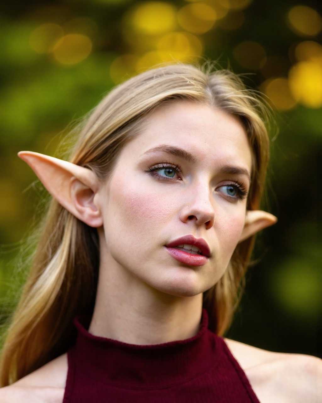 A highly detailed,  close-up photograph of a young Caucasian elf woman with light skin,  elf-like ears and long on Tensor.Art