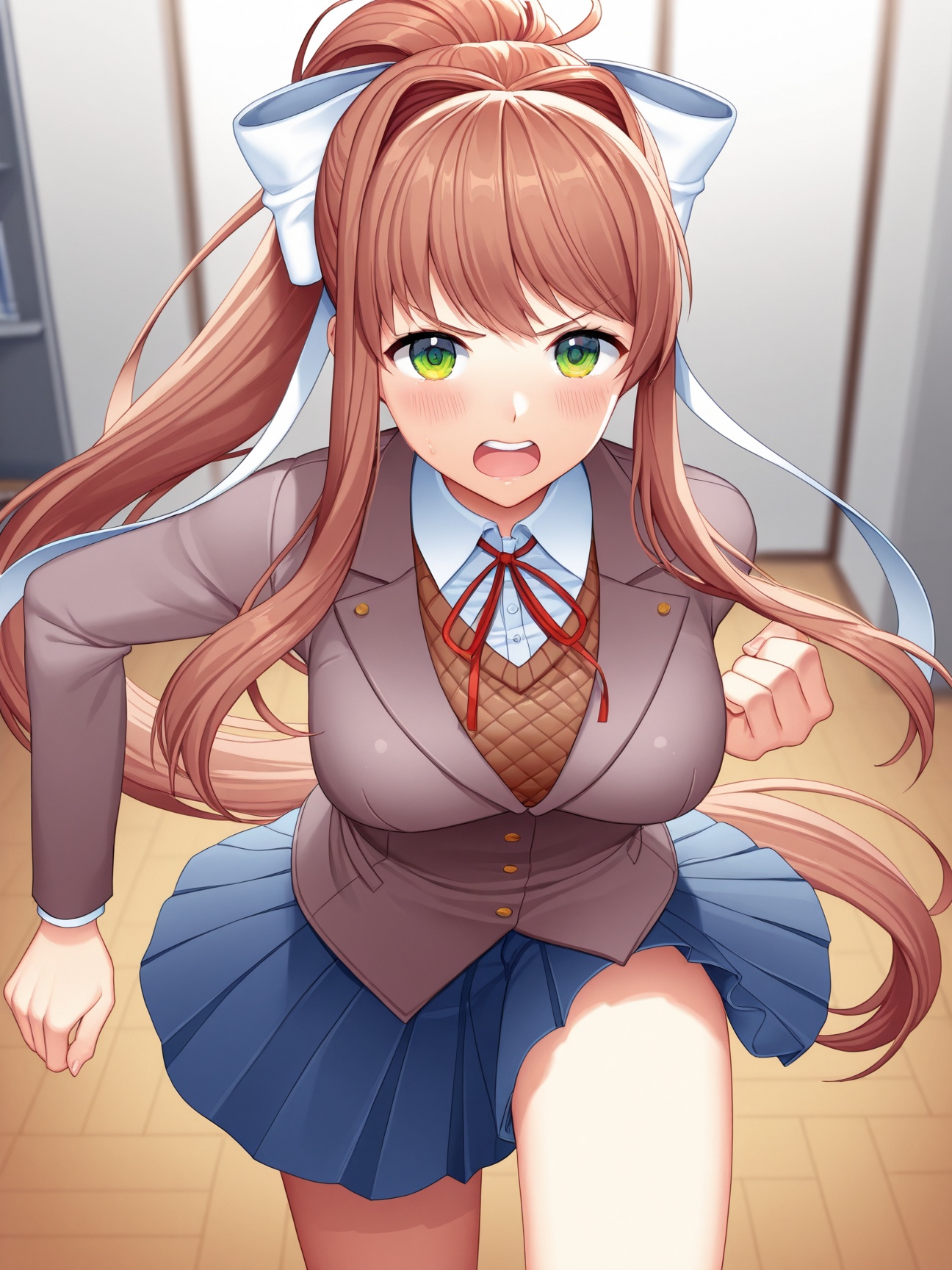 artist:Satchely,  monika \(doki doki literature club\),  monika running very fast toward the viewer on Tensor.Art
