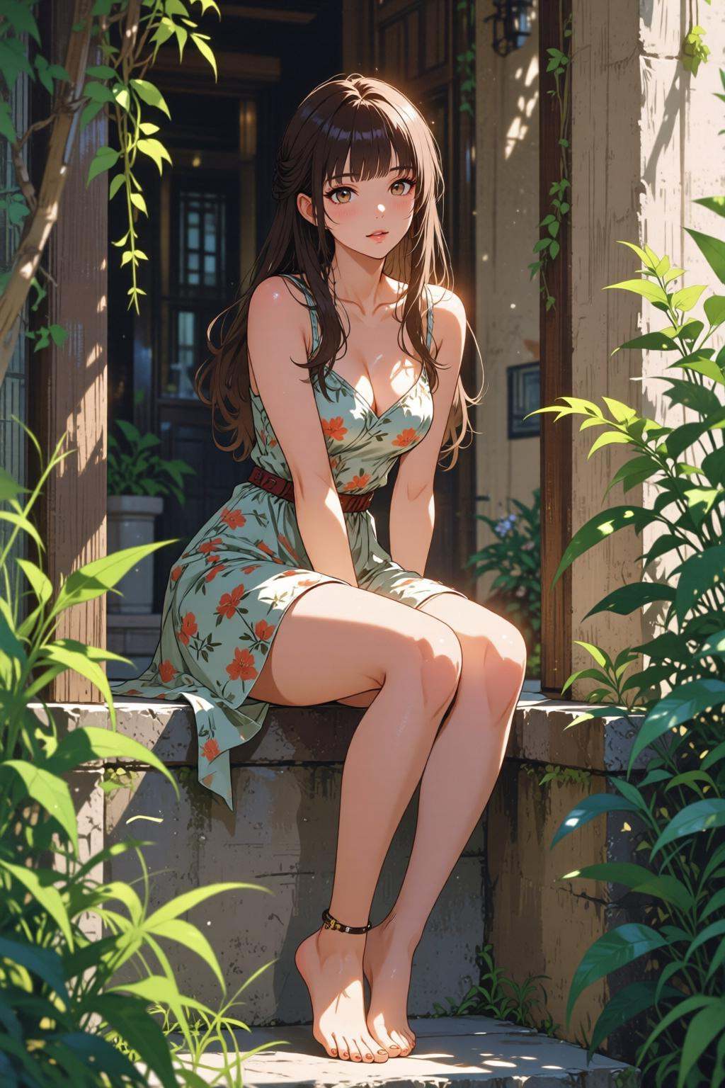 nijimix6q anime style illustration. A young woman sitting on a stone ledge outdoors. She is wearing a yellow sundress with...