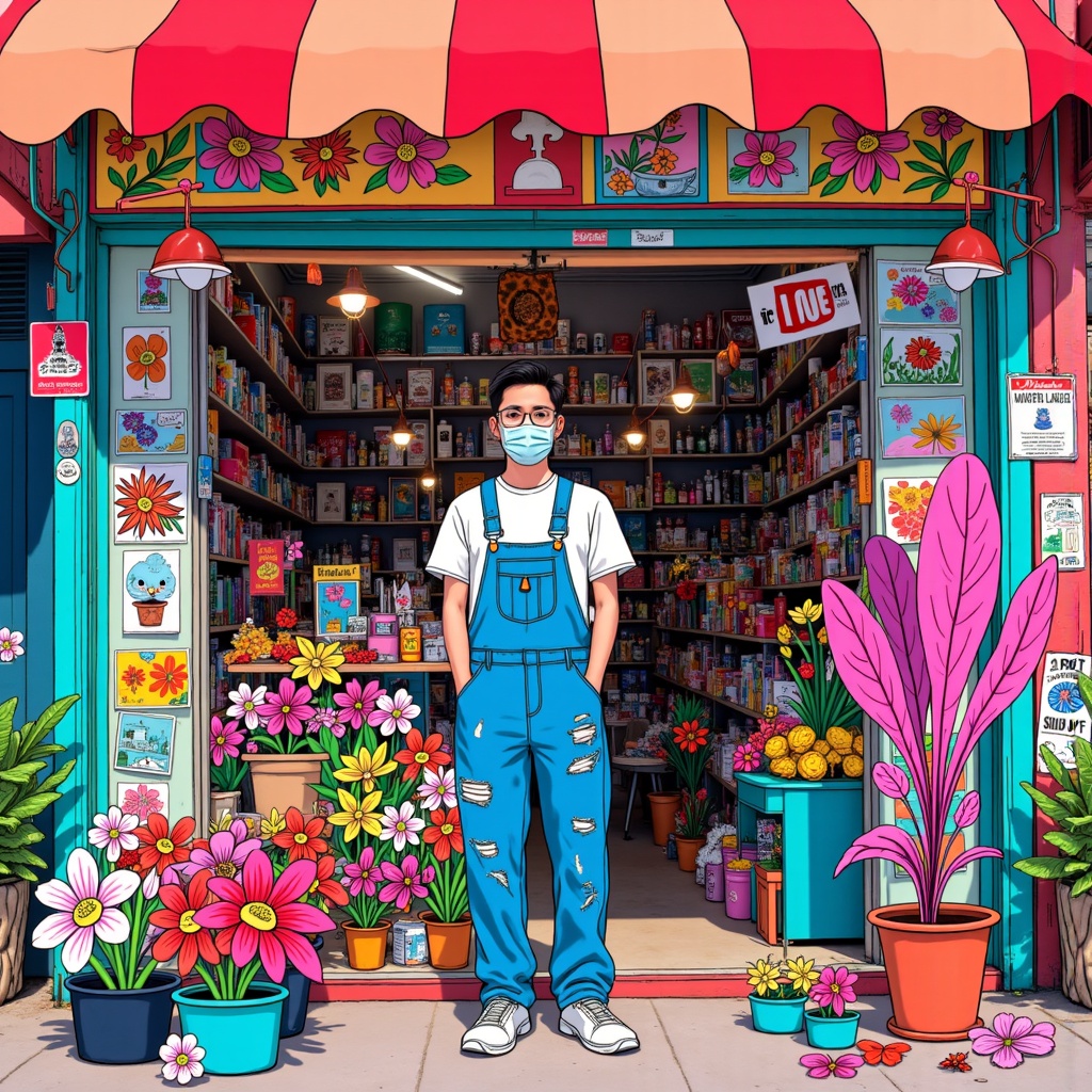 Realitycompositing,there is a man standing in front of a store with a face mask on,james jean and petra cortright,David ****,vivid colorful comics style,artist wearing overalls,vibrant cartoon art,vivid colorful comic style,style of ian hubert,colorful comics style,korean artist,artwork in style of sheng lam,colorful doodle art,victo ngai and tristan eaton,kenny wong x pop mart,juxtapoz aesthetic,illustrated in whimsical style,flower shop scene,trending on artstartion,hsiao-ron,roy lichtenstein and jackie tsai,trending on artstatioin,great use of line work and color,multi-layered artworks,Victor Wang,wonderful compositions,trending on artstration,artist wearing torn overalls,hyung-tae kim,hyung - tae kim,hi - fructose art magazine,art style of noel coypel,trending on artstattion,coloring book style,