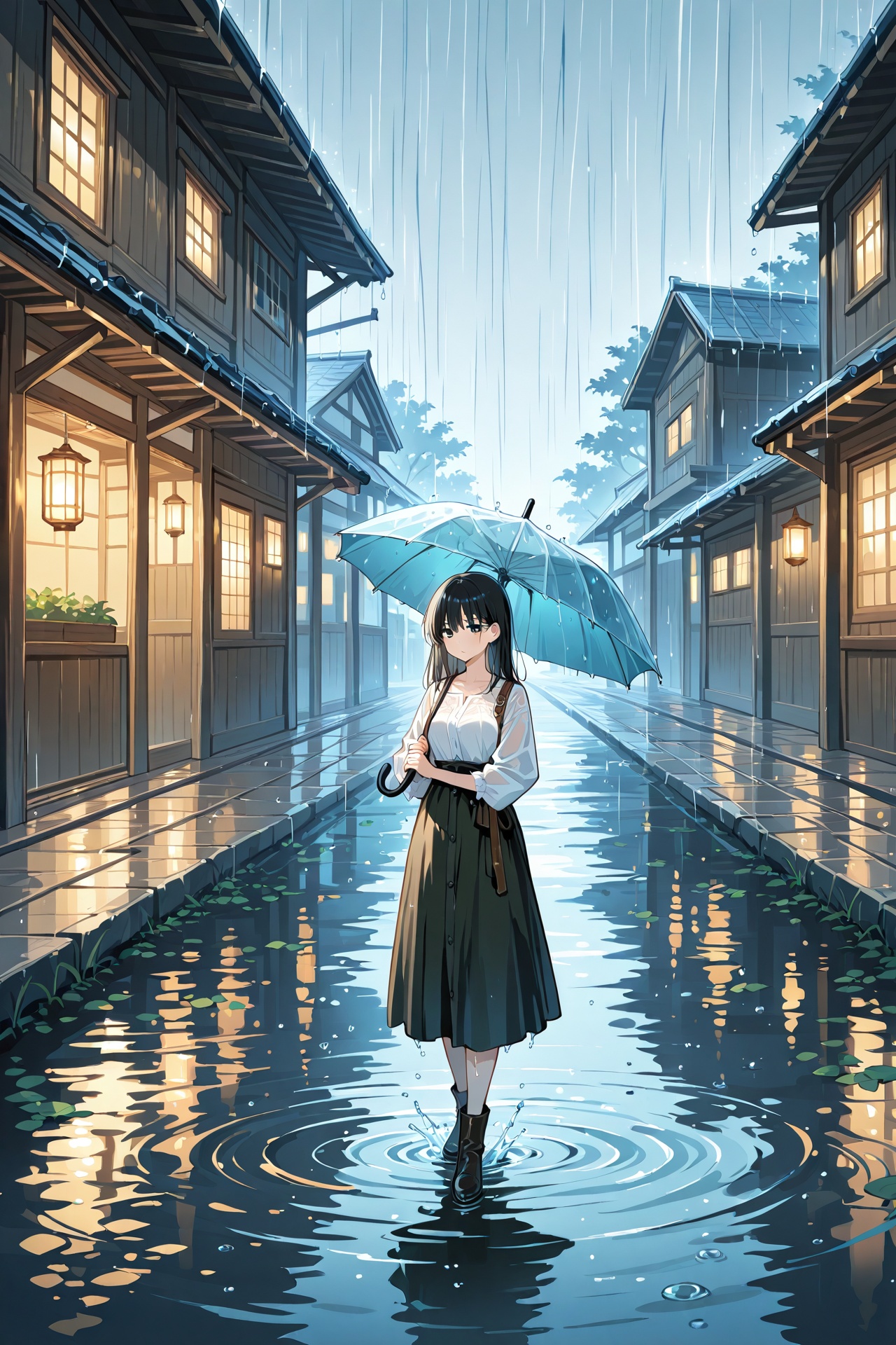 girl with long black hair stands in the countryside,  holding an umbrella as heavy rain pours down around her. She is wear...