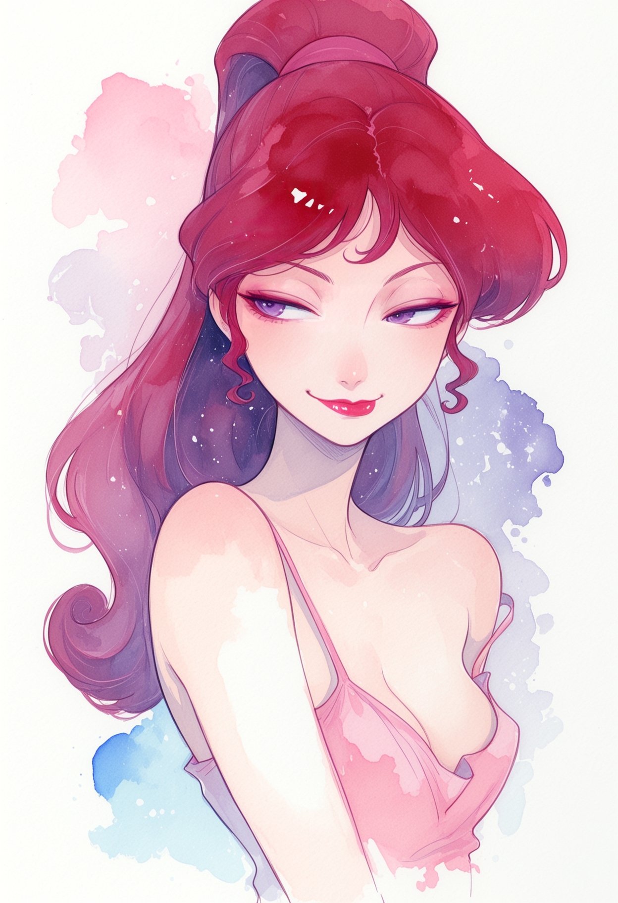 A digital illustration of a woman's head and upper body. The woman has long,  wavy hair that is styled in a messy bun. Her...