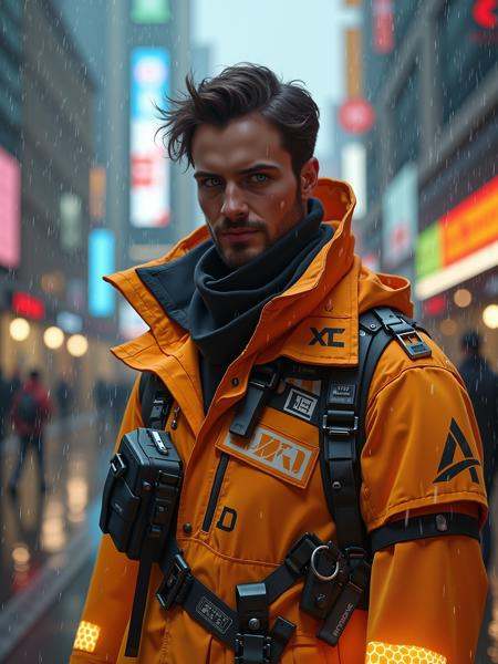 man wearing mad-cbrpnkotft01 orange and gey outfit standing in the rain of cyberpunk city,  smile on Tensor.Art