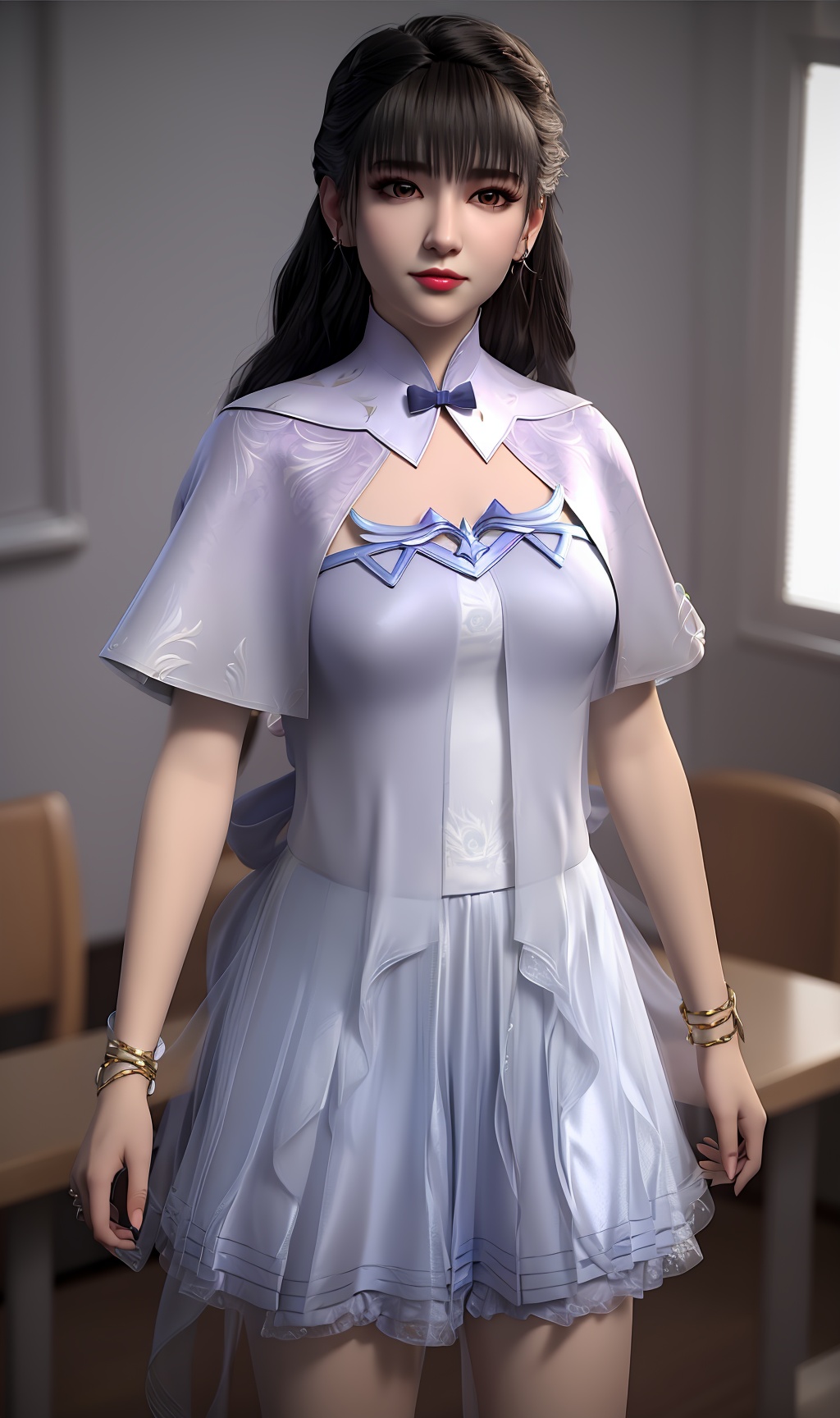 3D,masterpiece,(best quality),(makeup),official art, extremely detailed cg 8k wallpaper,((crystalstexture skin)), (extremely delicate and beautiful),(highly detailed),(face),(collar),(bracelet),(1girl), (solo), (jewelry), (earrings),(black_hair),(long_hair),(hair_ornament),(handwear),(breasts),(standing),(upper_body),(closed_mouth),(dress),(shorts_skirt),(shawl),(shiny_clothes),(thighs),(city,indoor),((looking_at_viewer)),((Facing the camera)),, <lora:hipoly3DModelLora_v10:0.3>