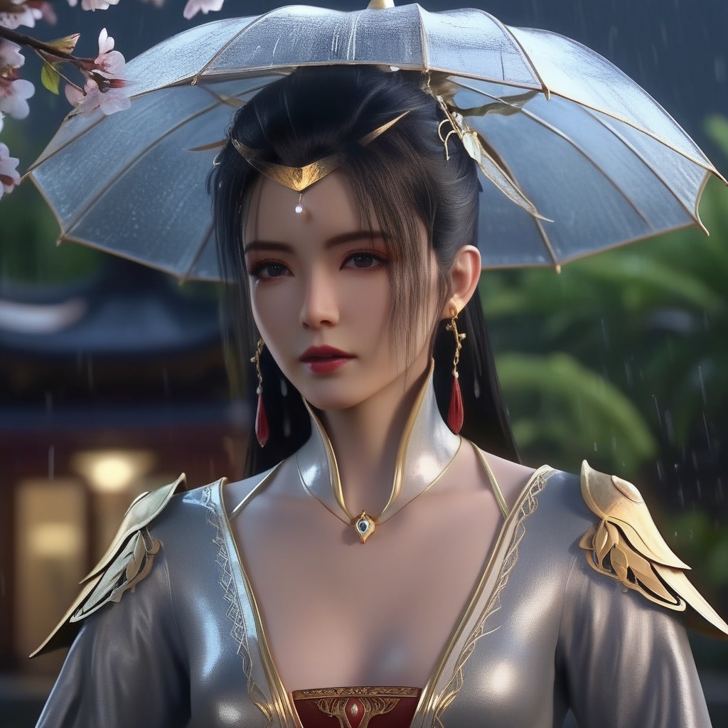 <lora:840-DA-XL-元龙-林秀:0.8>, (,1girl, ,best quality, ),,  ,,ultra detailed 8k cg, ultra detailed background ,ultra realistic 8k cg,          cinematic lighting, cinematic bloom, (( , )),,  , unreal, science fiction,  luxury, jewelry, diamond, pearl, gem, sapphire, ruby, emerald, intricate detail, delicate pattern, charming, alluring, seductive, erotic, enchanting, hair ornament, necklace, earrings, bracelet, armlet,halo,masterpiece, (( , )),, realistic,science fiction,mole,   ,cherry blossoms,,(((Best quality, masterpiece, ultra high res, (photorealistic:1.4), raw photo, 1girl, ,rain, , sunlight, sunset, qianqiu wanxia,     )))  (cleavage),,  (),