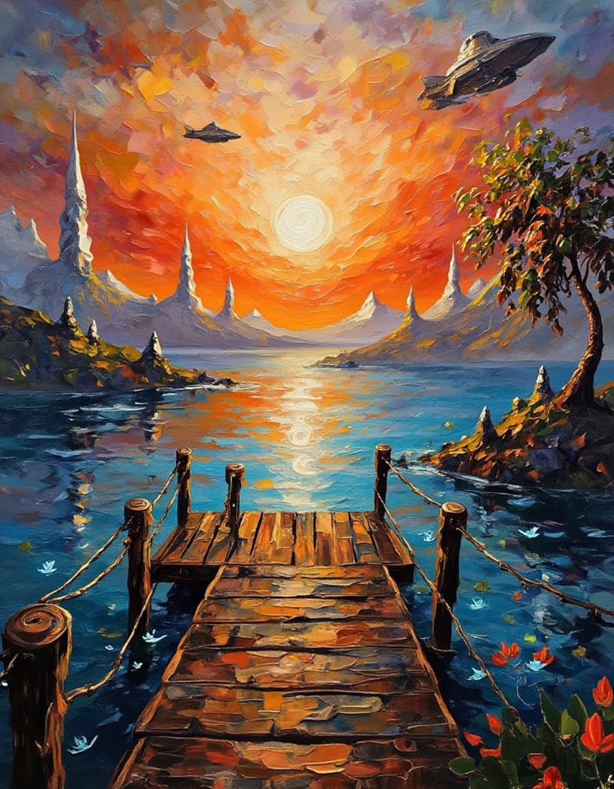 A dibrshstrk style painting,  ,  A futuristic dock extends into a shimmering alien lake on Tensor.Art