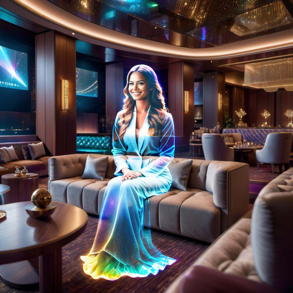 photorealistic,  closeup photo of single transparent hologram woman sitting on a couch,  smiling on Tensor.Art