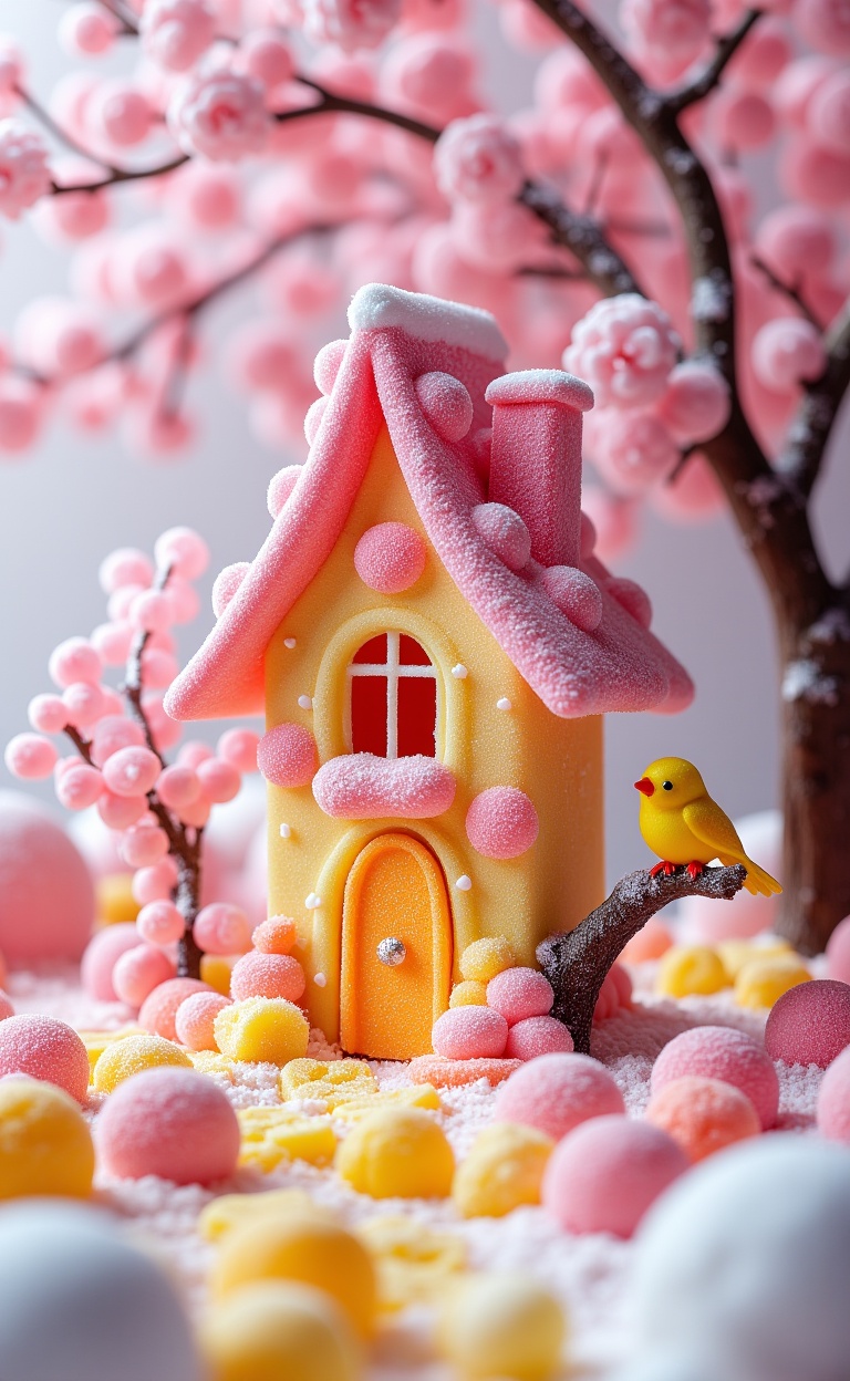miluo_tgsj, This photograph captures a whimsical, sugar-coated cottage nestled amidst a snow-covered landscape. The cottage, constructed entirely from gummy candies in vibrant hues of pink, yellow, and orange, resembles a traditional fairy-tale house with a steeply pitched roof and a single, arched window. The roof and window frame are dusted with a light layer of sugar, giving them a frosty appearance. Surrounding the cottage are numerous colorful gummy candies in various shapes, creating a festive, candy-filled ground.To the right of the cottage, a small, bright yellow bird perches on a snow-dusted branch, adding a touch of life to the scene. The background features soft-focus, pink cherry blossom trees, which enhance the image’s enchanting and dreamy atmosphere. The overall color palette is pastel and soft, with a mix of pinks, yellows, and whites, evoking a sense of winter wonderland. The textures range from the smooth, glossy surfaces of the gummy candies to the powdery snow and the delicate, intricate branches of the cherry blossoms. The image is a delightful blend of fantasy and sweetness, making it a visually appealing and charming representation of a sugary, fairy-tale world.. <lora:miluo丨糖果世界-flux-1.3:1>