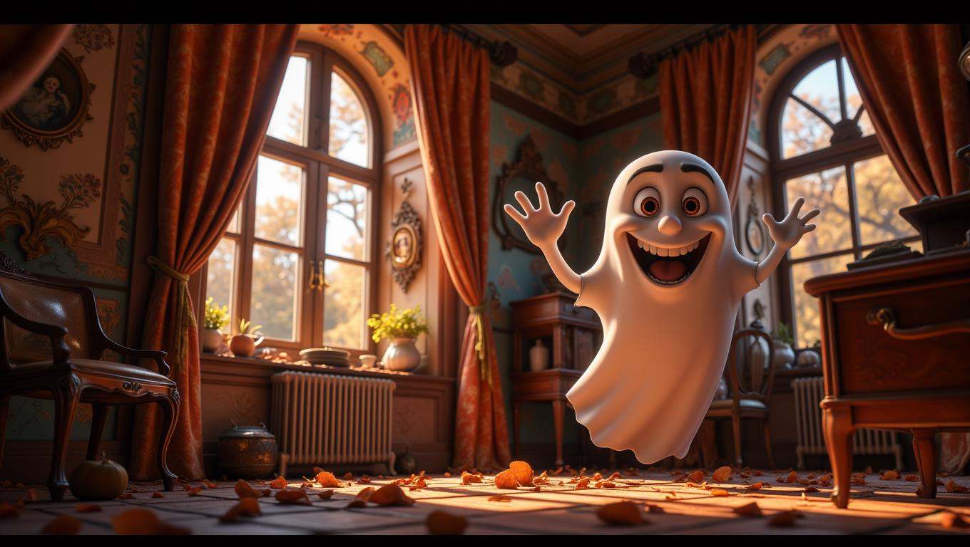 A transparent,  cheerful ghost is floating through the rooms of an old,  charmingly decrepit mansion. The ghost is smiling...