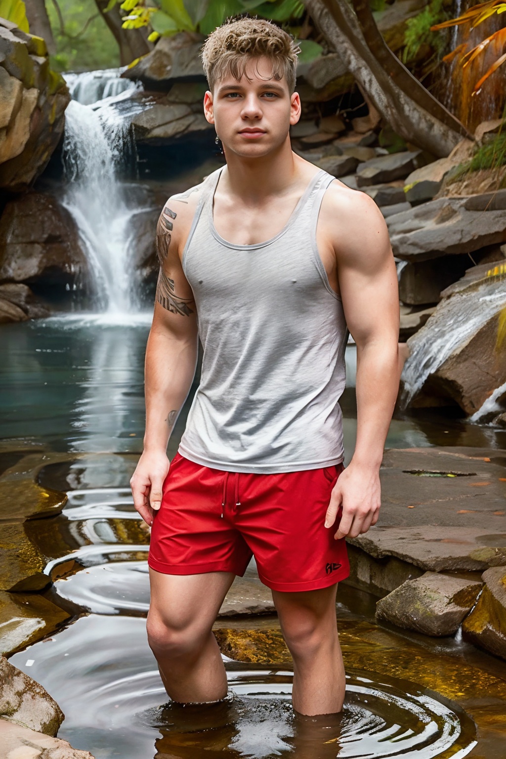 mrkstyle,  BrandonPMyers wearing gray **** top,  red swimshorts on Tensor.Art