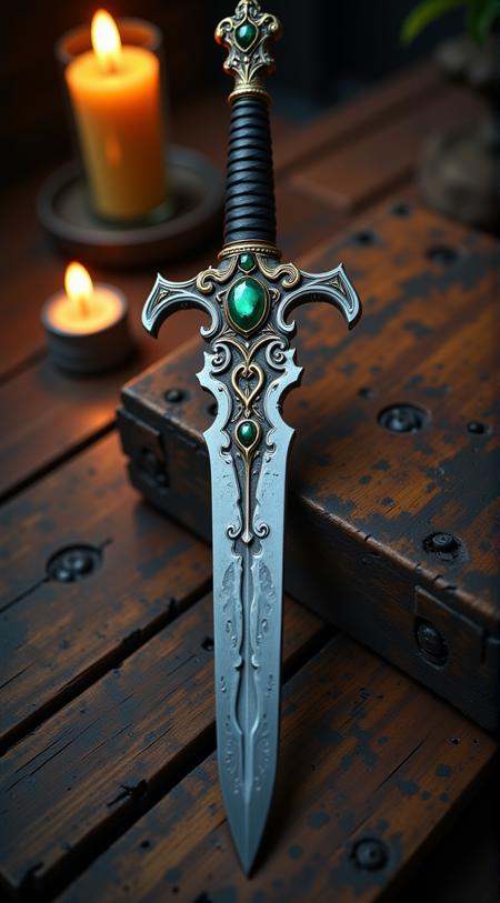 Enhanced_Lighting_and_Textures,  The image features an ornate sword with a fantasy design,  resting on a weathered wooden...