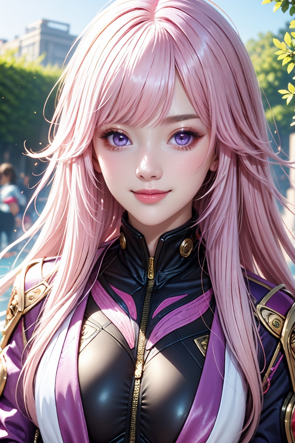 thin, slim, beautiful girl, light pink hair, white skin, purple eyes, jacket, messy hair, upper body, close up, smirk, outdoors,