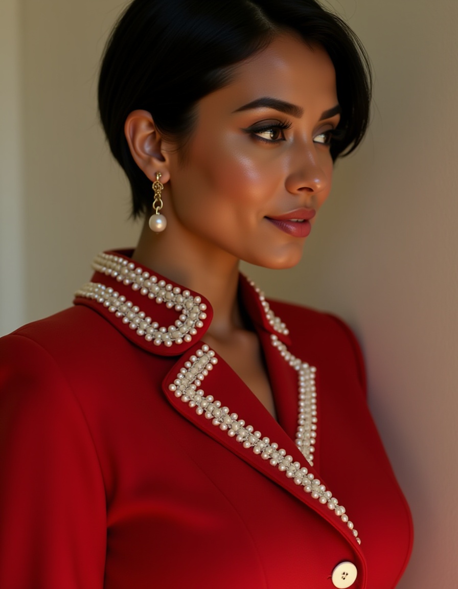 A close-up portrait of an elegant North African woman in a softly lit studio setting. She is wearing a red wool jacket wit...