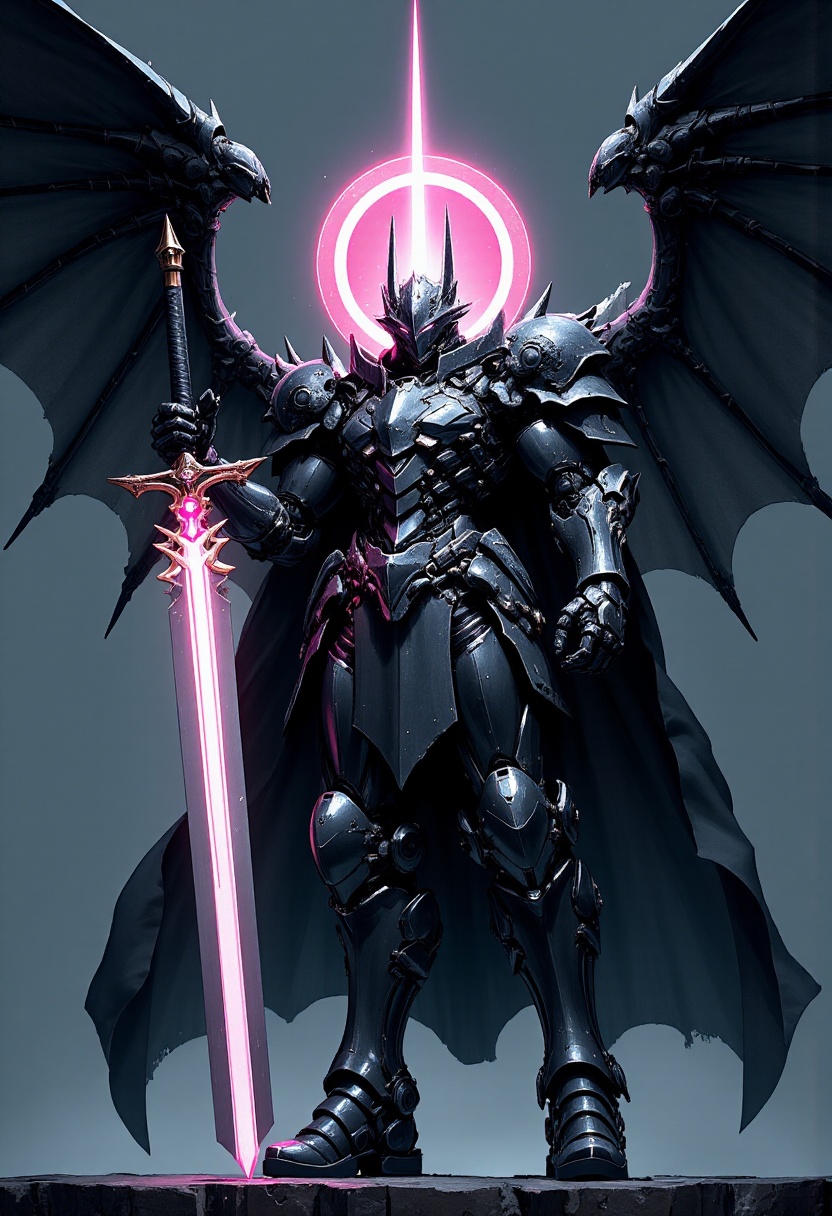 Glowing black cyberpunk holy knight,  holding sword in attacking pose,  glowing haloa bove his head on Tensor.Art