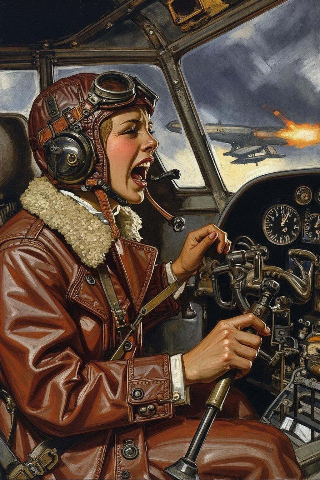 jcleyen1 painting.A female pilot screaming inside the cockpit of a World War II bomber. The pilot,  wearing a vintage leat...