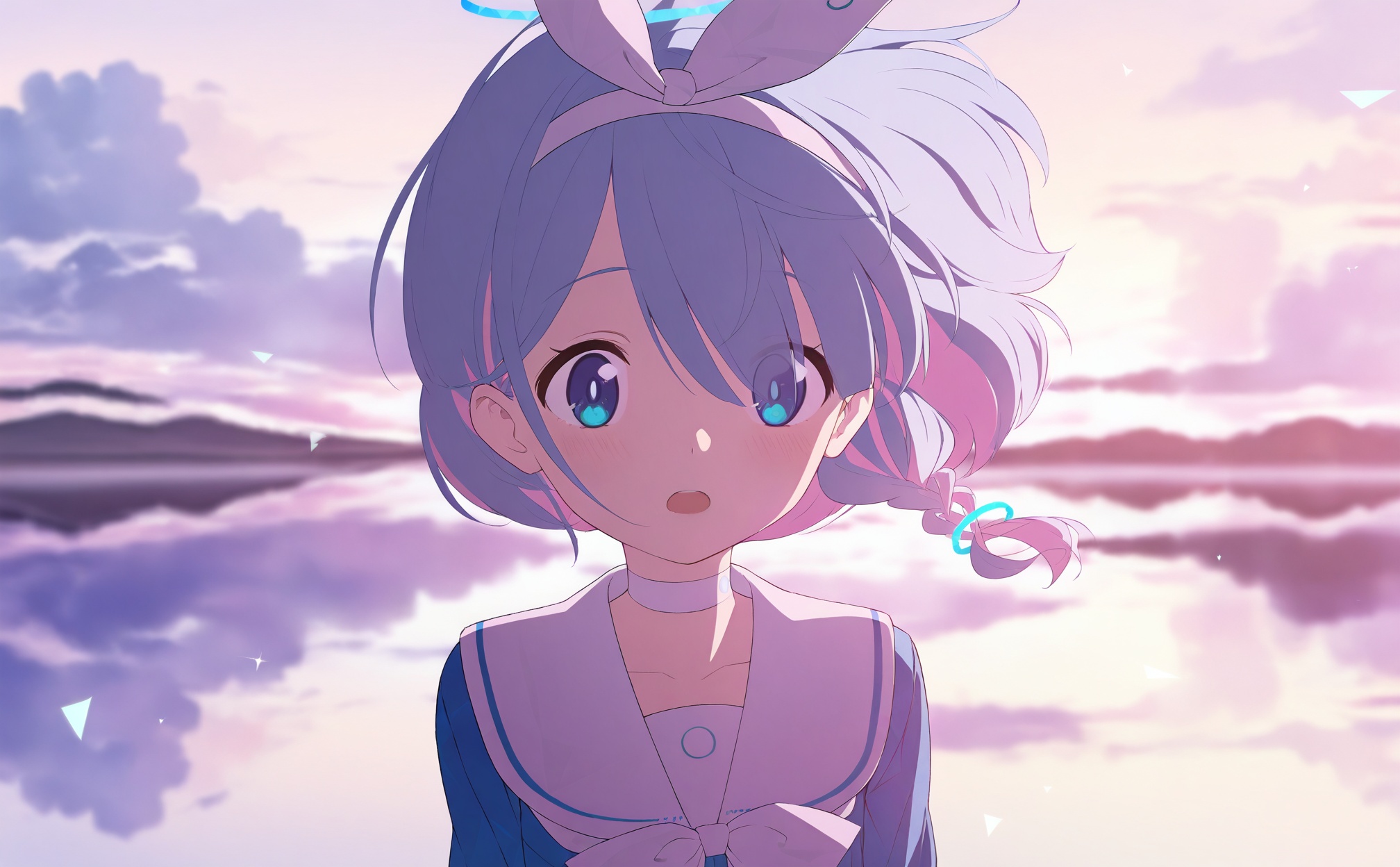 masterpiece,best quality,high quality,loli,1girl, arona (blue archive), solo, halo, hair over one eye, blue hair, multicolored hair, sailor collar, braid, blue eyes, choker, looking at viewer, white sailor collar, pink hair, colored inner hair, white choker, school uniform, hairband, sky, upper body, serafuku, open mouth, cloud, single braid, blue shirt, short hair, bow hairband, white hairband, shirt, floating hair, cloudy sky, outdoors, neckerchief, two-tone hair, collarbone, blue halo, blurry,<lora:BA2——【Illustrious】hans:1>,