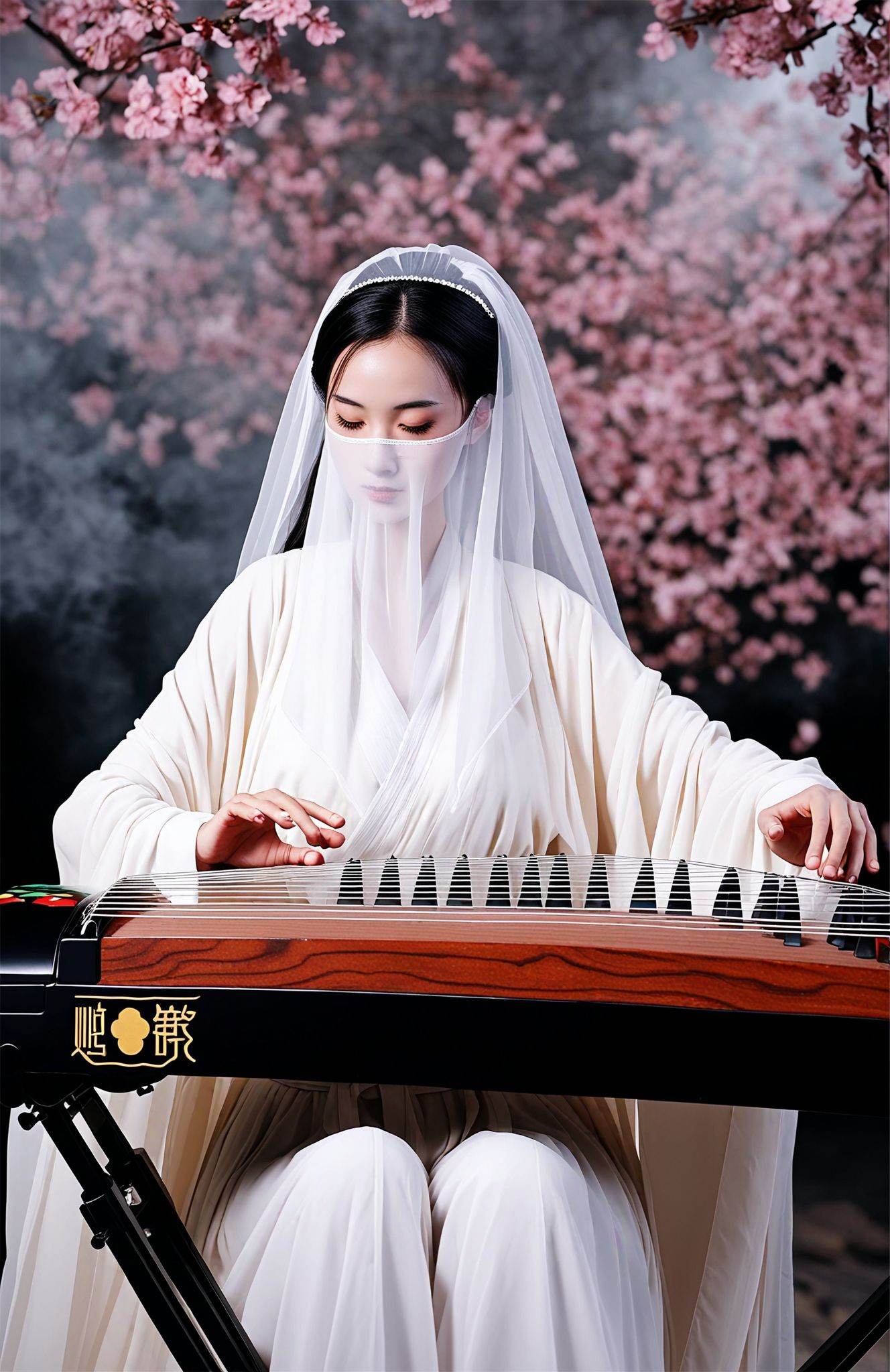 score_9,score_8_up,score_7_up,score_6_up,score_5_up,(chinese zither:1.2),(veil,mouth veil),In a serene,mist-enshrouded setting,a graceful figure adorned in traditional white attire delicately strums a Chinese zither resting on a wooden stand. Her hair,elegantly styled with classical tassels,complements the ethereal backdrop of a delicate lattice screen,painted blossoms,and fluttering butterflies,evoking a sense of timeless tranquility.,