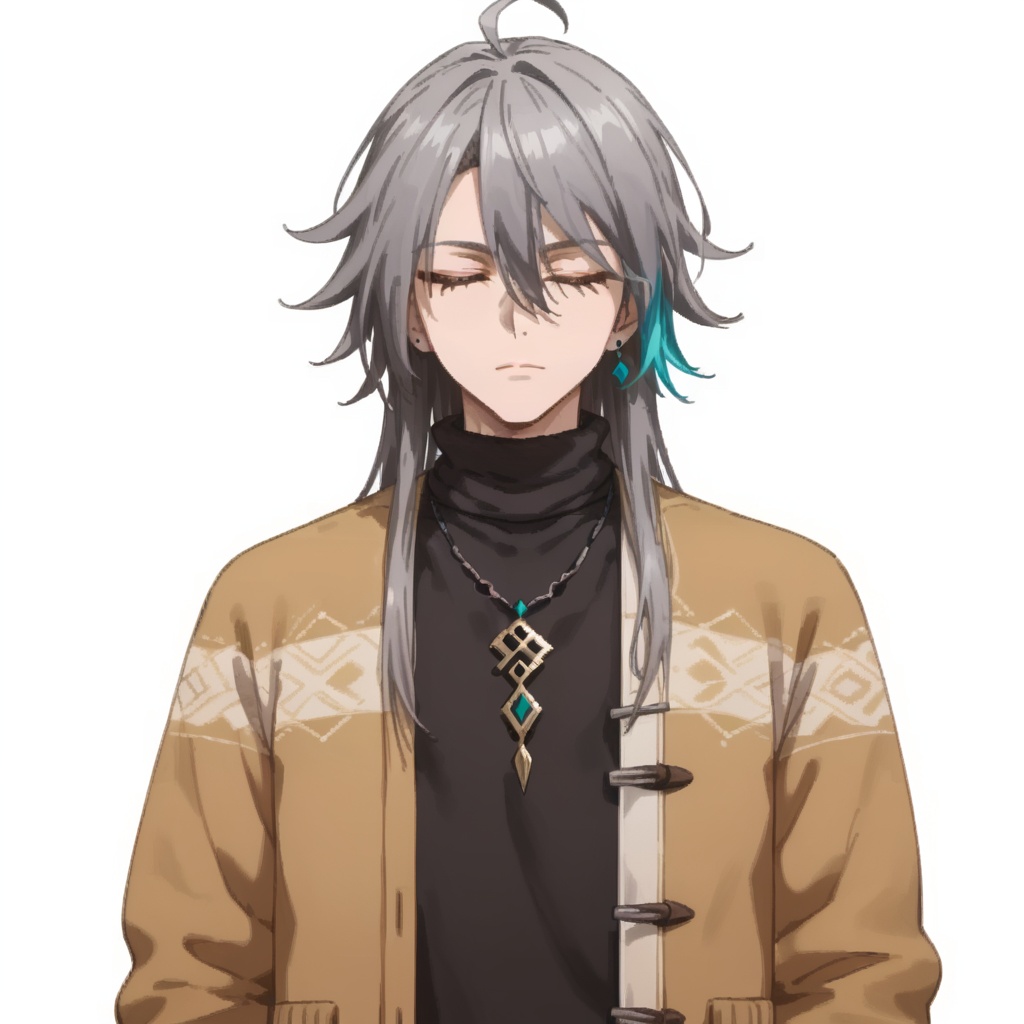 (white background:1.2),looking at viewer,(SOLO:1.4),outline,simple background,upper body, cowboy shot,looking at viewer,(((arms at side))),  su, long hair, 1boy, male focus, jewelry, closed mouth, closed eyes, grey hair, necklace, bracelet, sweater, turtleneck, multicolored hair, hair between eyes, coat, jacket, earrings, streaked hair, belt, hair stick, hair ornament, black shirt<lora:su-黄金庭院-居家:0.8>