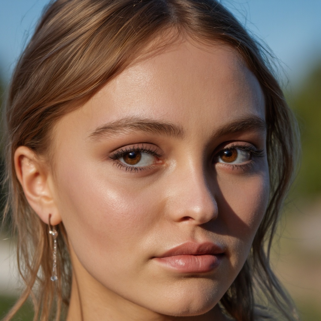 A close-up portrait of lily_depp outdoors. She has fair skin,  long,  wavy brown hair on Tensor.Art