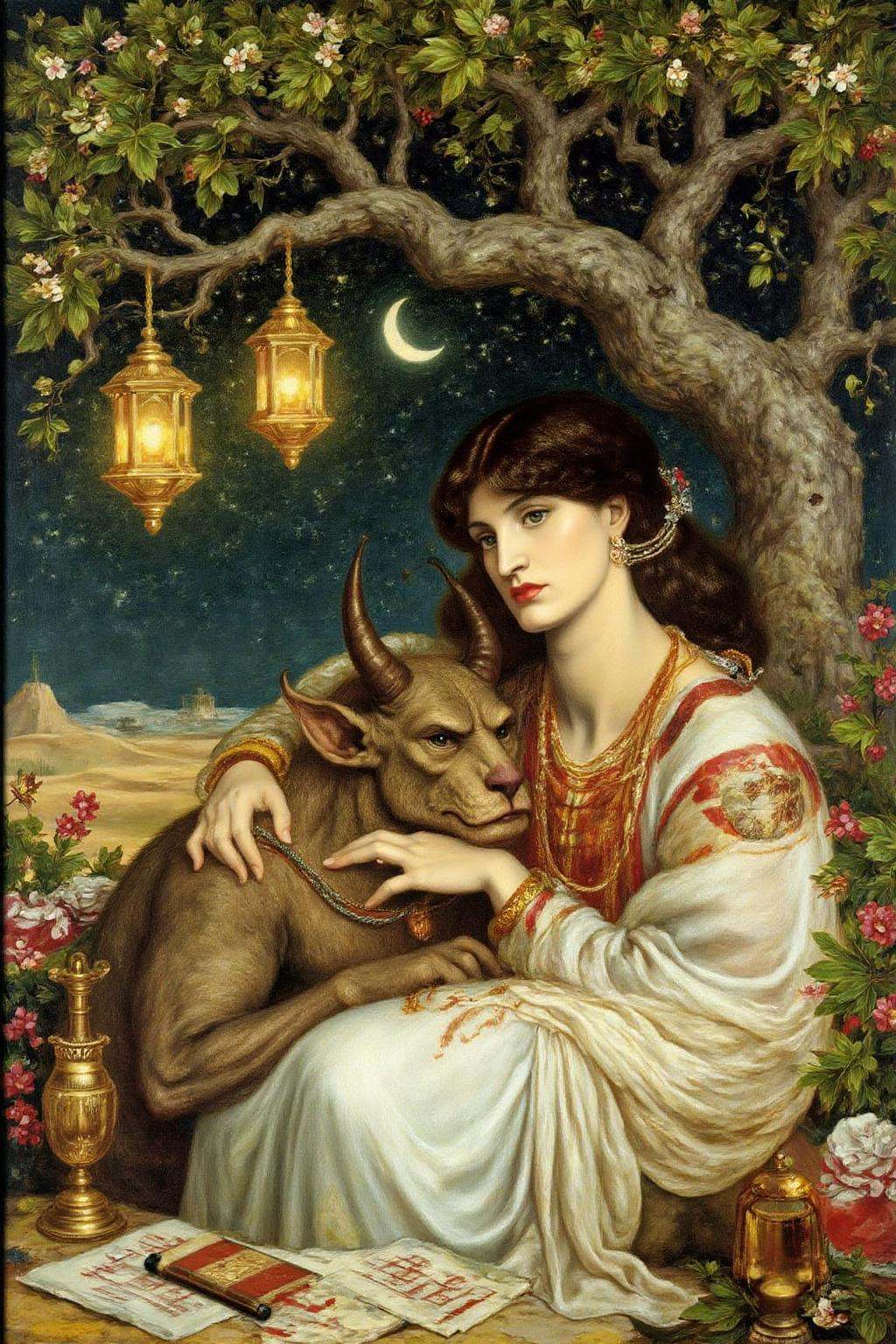 dgr painting.a scene from Arabian Nights,  rendered in intricate,  colorful detail. A beautiful woman and a sleeping demon...