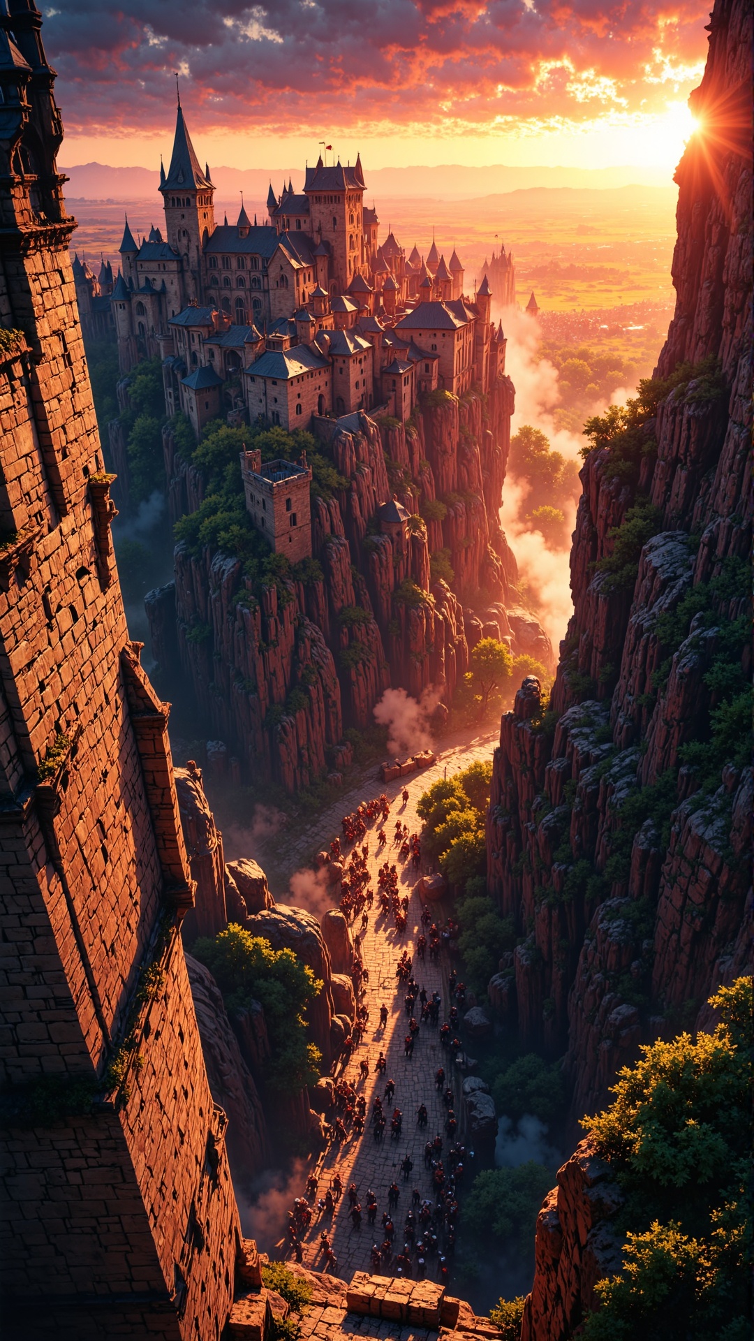 A dramatic,  vertical composition viewed from the top of the highest tower of a medieval castle,  looking steeply down ove...
