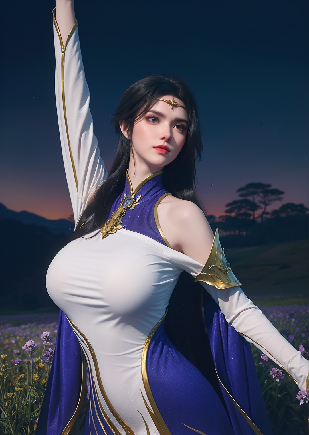 1girl,solo,x forehead jewelry,x dress,gigantic breasts,dancing,looking at viewer,(outdoors),((nature)),((fantasy flower field)),((fantasy sky)),((night)),simple background,depth of field,((fantasy style )),portrait,Highly detailed,(ultra-detailed),(best quality:1.5,masterpiece:1.5),<lora:xuanyi:0.65>,(SFW:1.5),