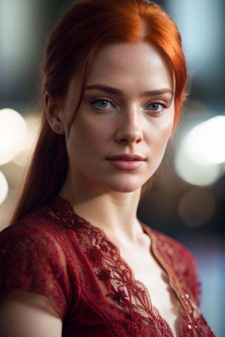 breathtaking cinematic film still headshot of a red head woman,  blue filigree,  shirt on Tensor.Art