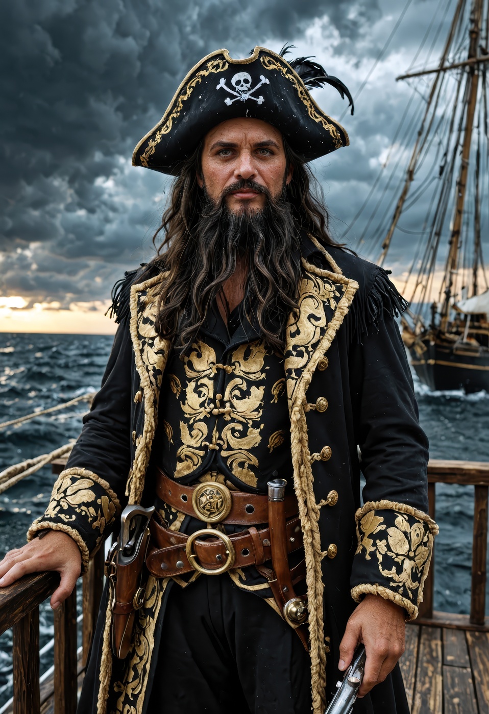 early 17th century pirate captain standing on the deck of a weathered wooden ship,  intense angry expression,  long wind-b...