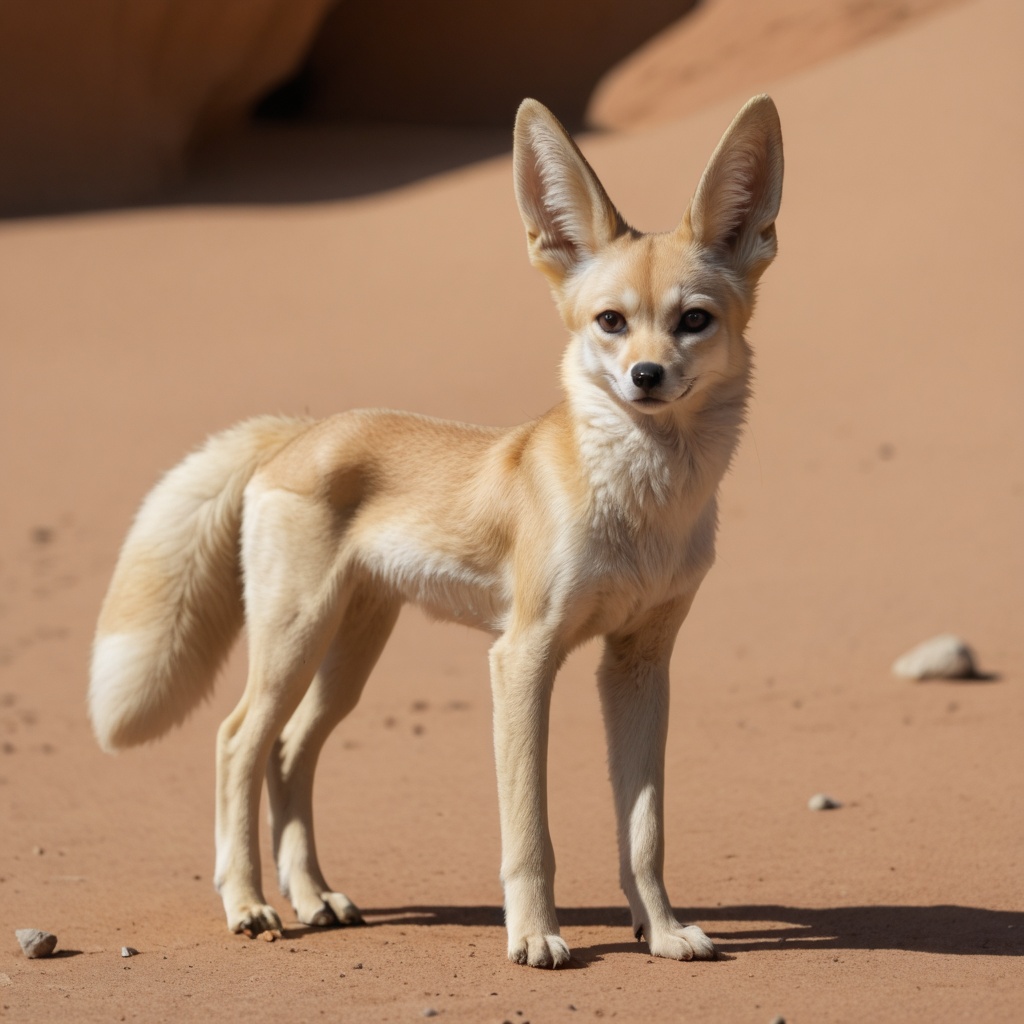 a hyper realistic fantastical creature from a white desert,  a little white Fennec Fox pup,  she is a hybrid with deer ant...