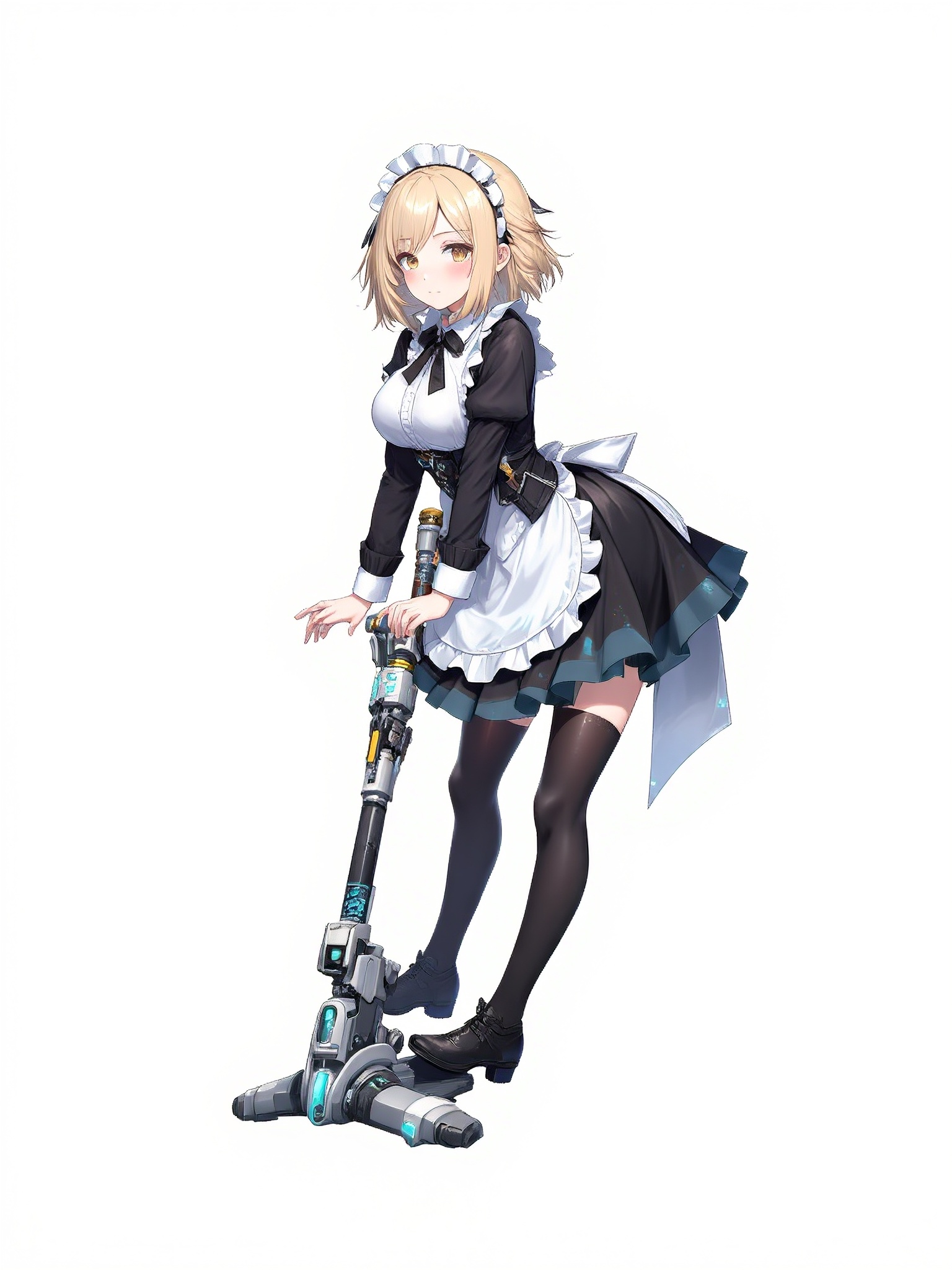 JSLH,  JSLH,  an animation-style digital illustration of a blonde girl wearing a black and white maid outfit and a ruffled...