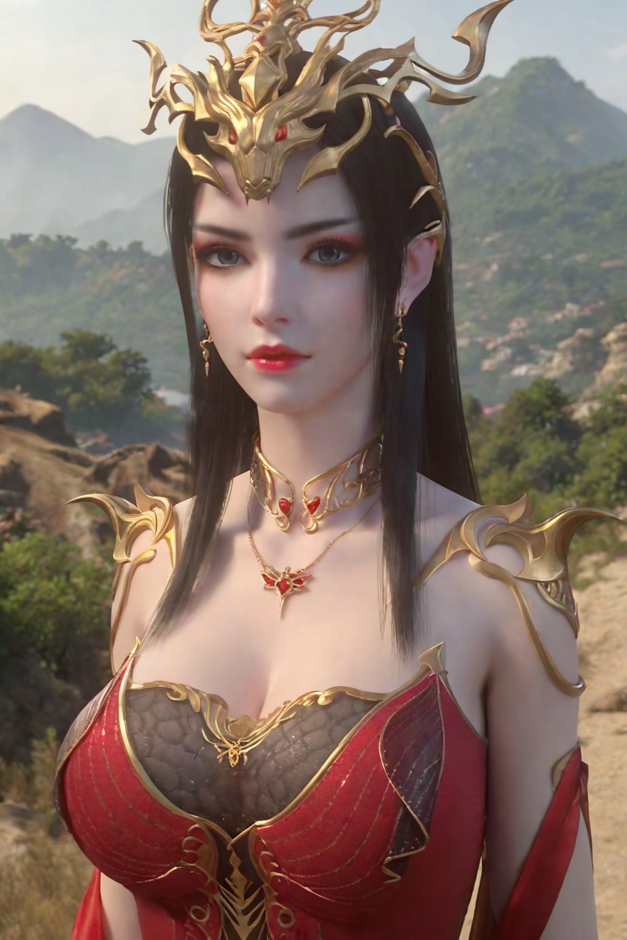 score_9,score_8_up,score_7_up,incredibly absurdres,<lora:SF_MeiDuShaHS_Pony-000005:0.7>,1girl,solo,red dress,large breasts,lips,jewelry,earring,long hair,looking at viewer,white background,landscape,
