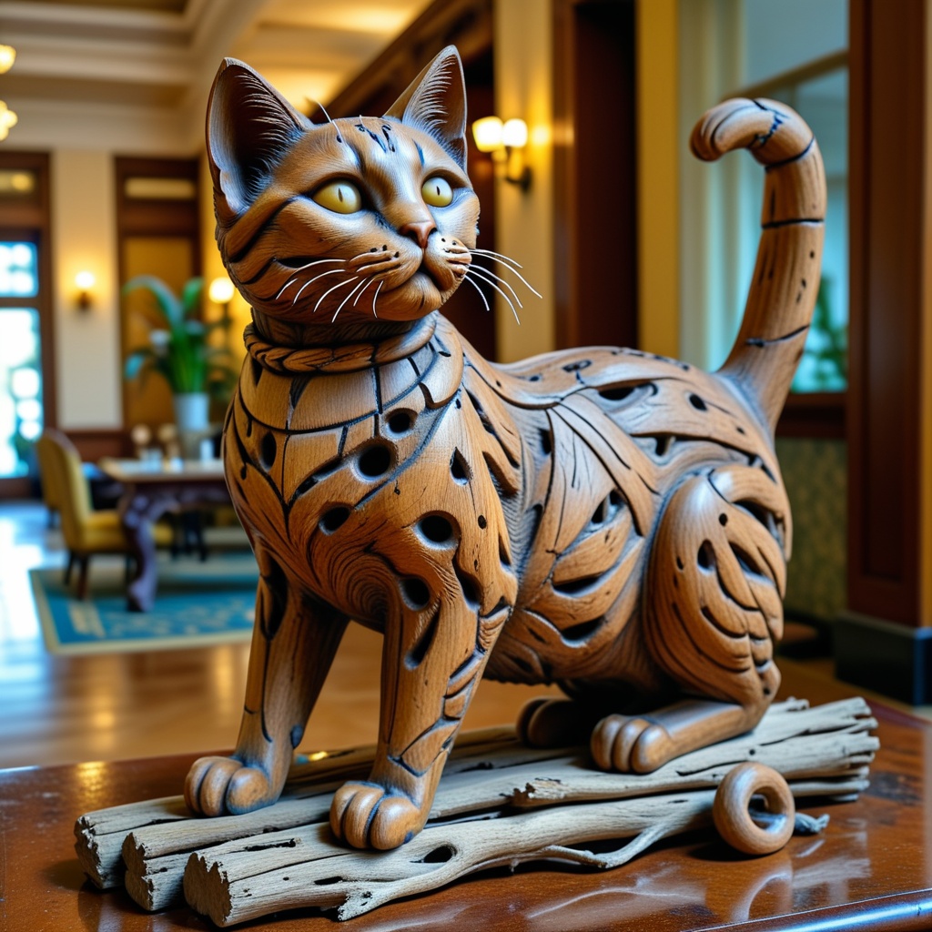 a cat made of wood,  a beautiful playful cat,  antique statue on Tensor.Art