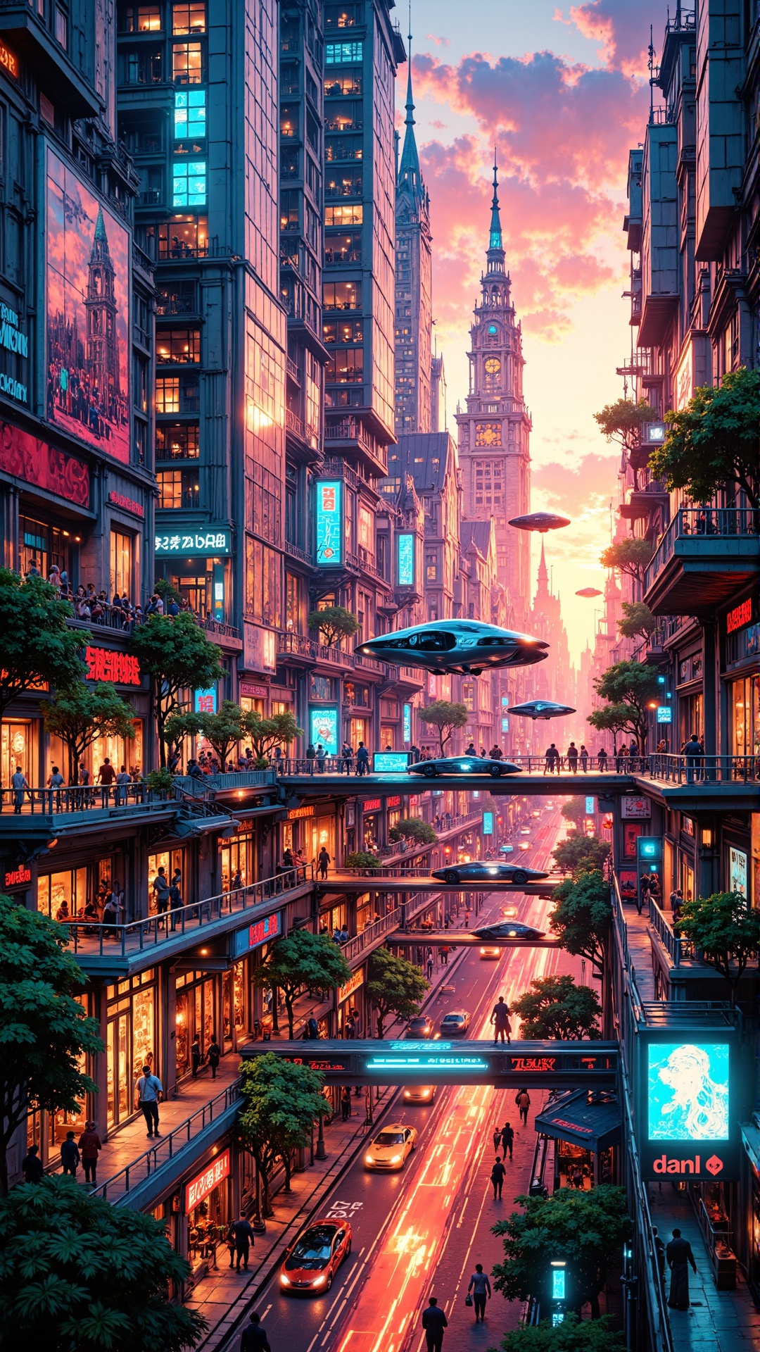A vertical,  ultra-realistic and hyper-detailed scene of a vibrant futuristic city at sunset,  bursting with color and lif...